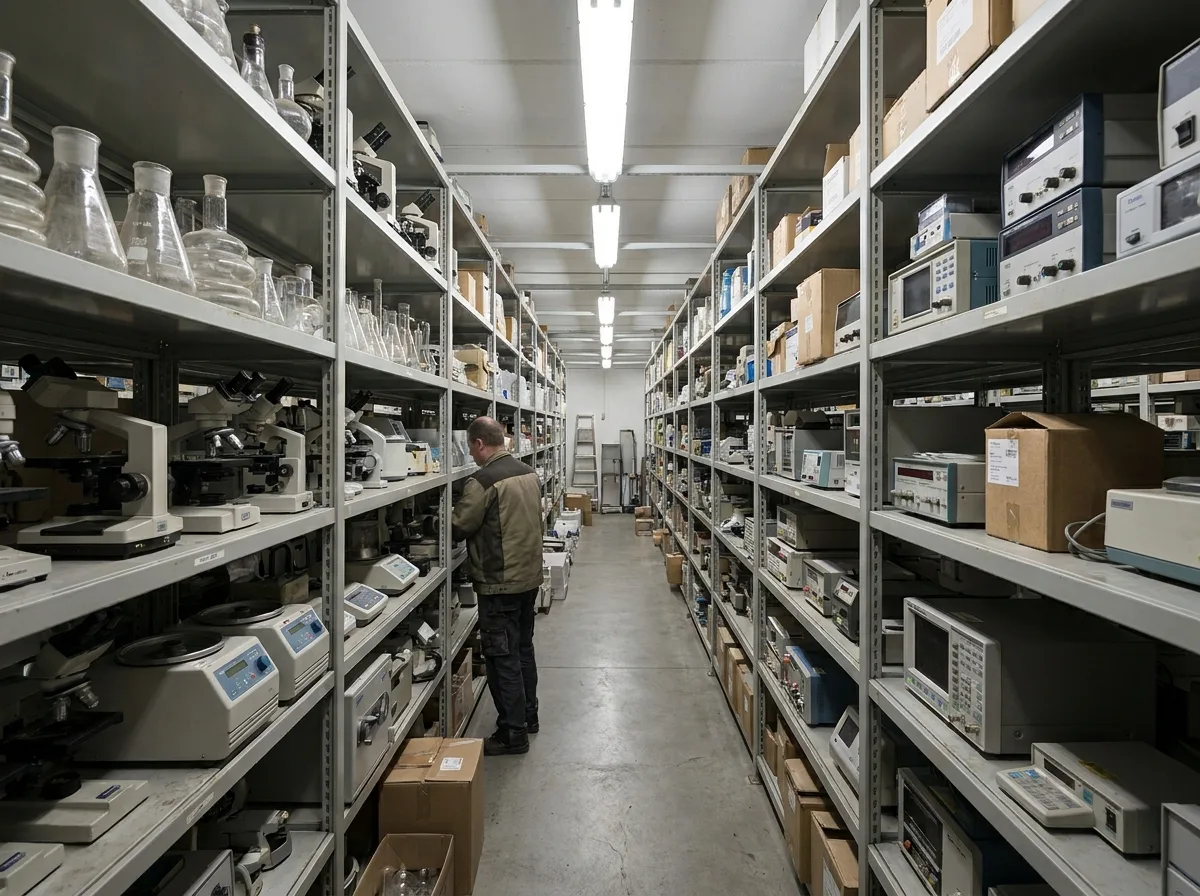 Warehouse aisle with shelves of surplus lab equipment and glassware under fluorescent lighting
