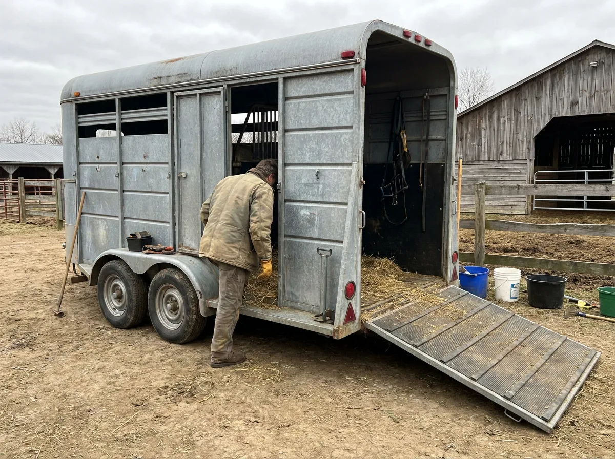 Horse trailer with open side door and lowered ramp in barnyard