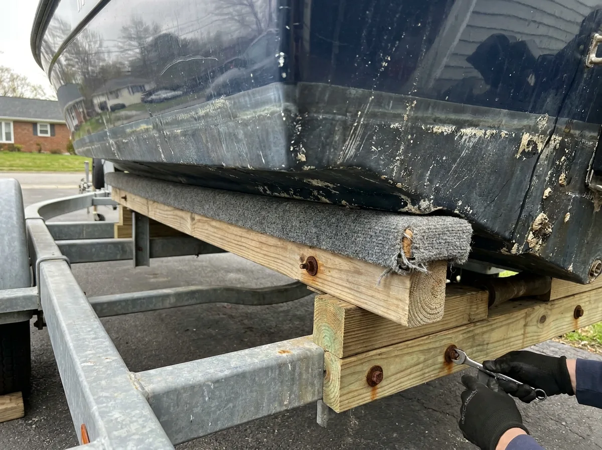 Boat hull resting on padded wooden bunk-style trailer beams in driveway