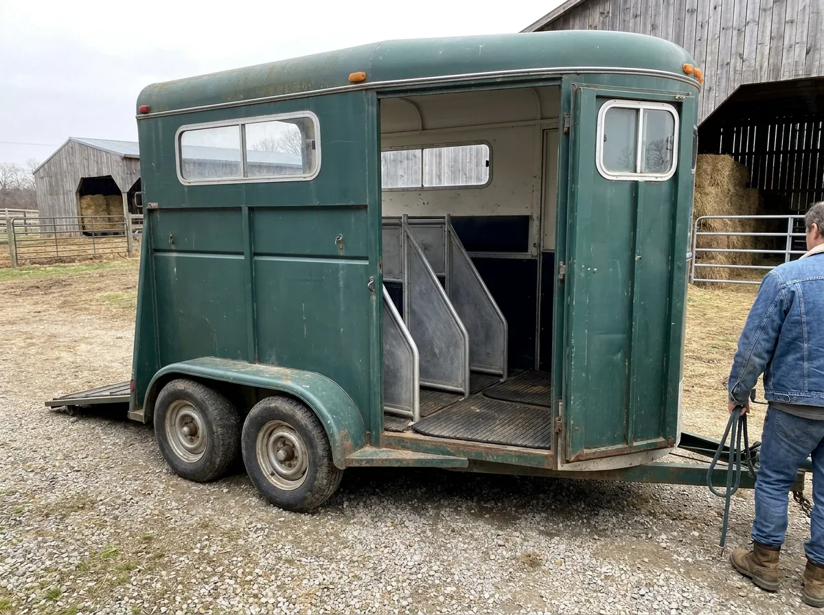 Slant-load horse trailer with open side door showing interior angled dividers in barnyard setting