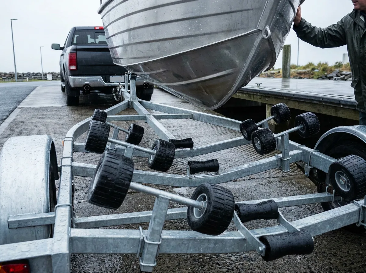 Boat being loaded onto roller-style trailer at ramp with water-covered rollers and truck in background