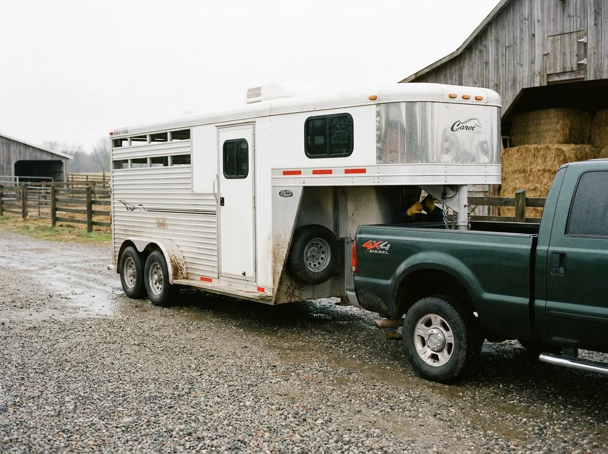 Gooseneck horse trailer attached to pickup truck in gravel farmyard under overcast sky