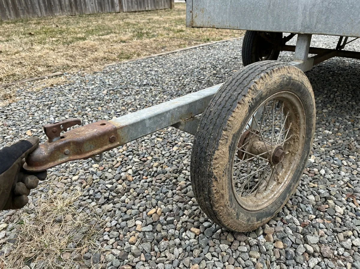 Single-axle utility trailer wheel and hitch on gravel driveway