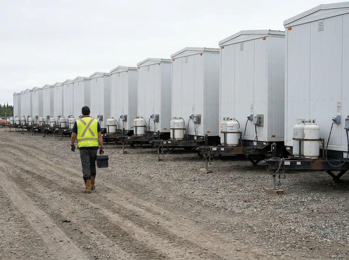Clean living-quarters trailers lined up on gravel ground with hitch details visible