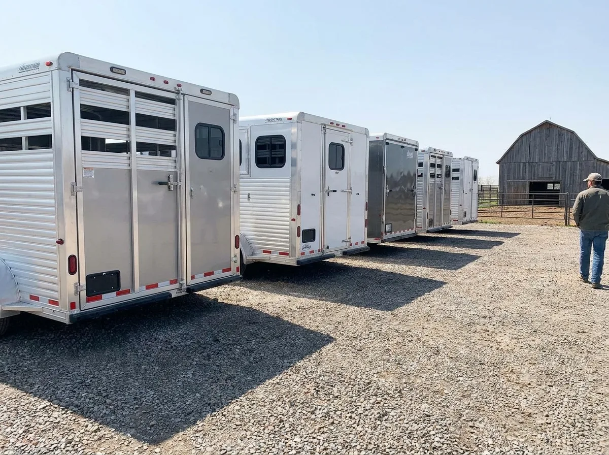 Stock and cargo combo trailers parked in gravel yard, rear angled view