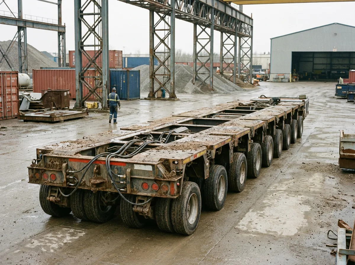 Multi-axle heavy-duty trailer parked in industrial yard under overcast sky