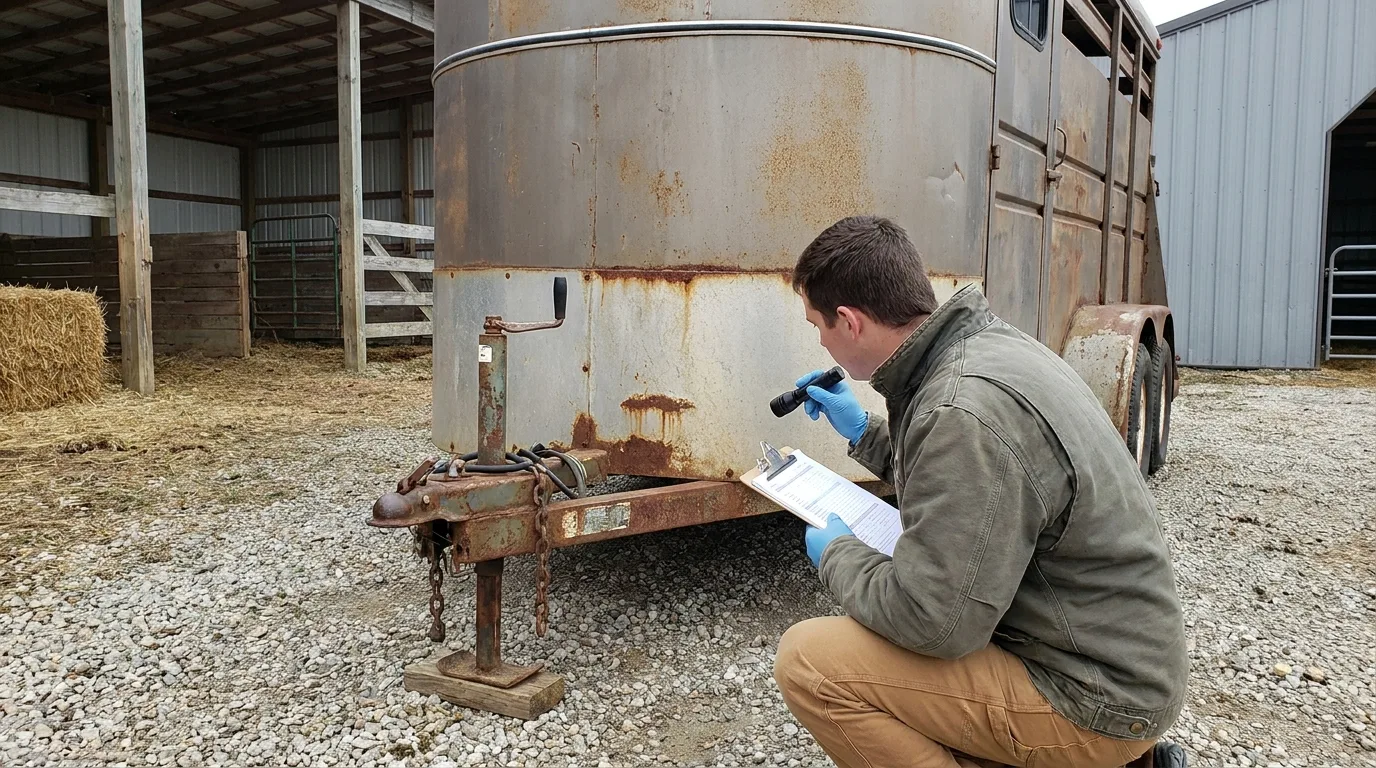 Certified inspector checking horse trailer hitch and undercarriage with clipboard in barnyard