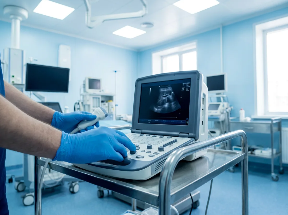 Technician's hands inspecting a portable ultrasound machine in a clinical setting