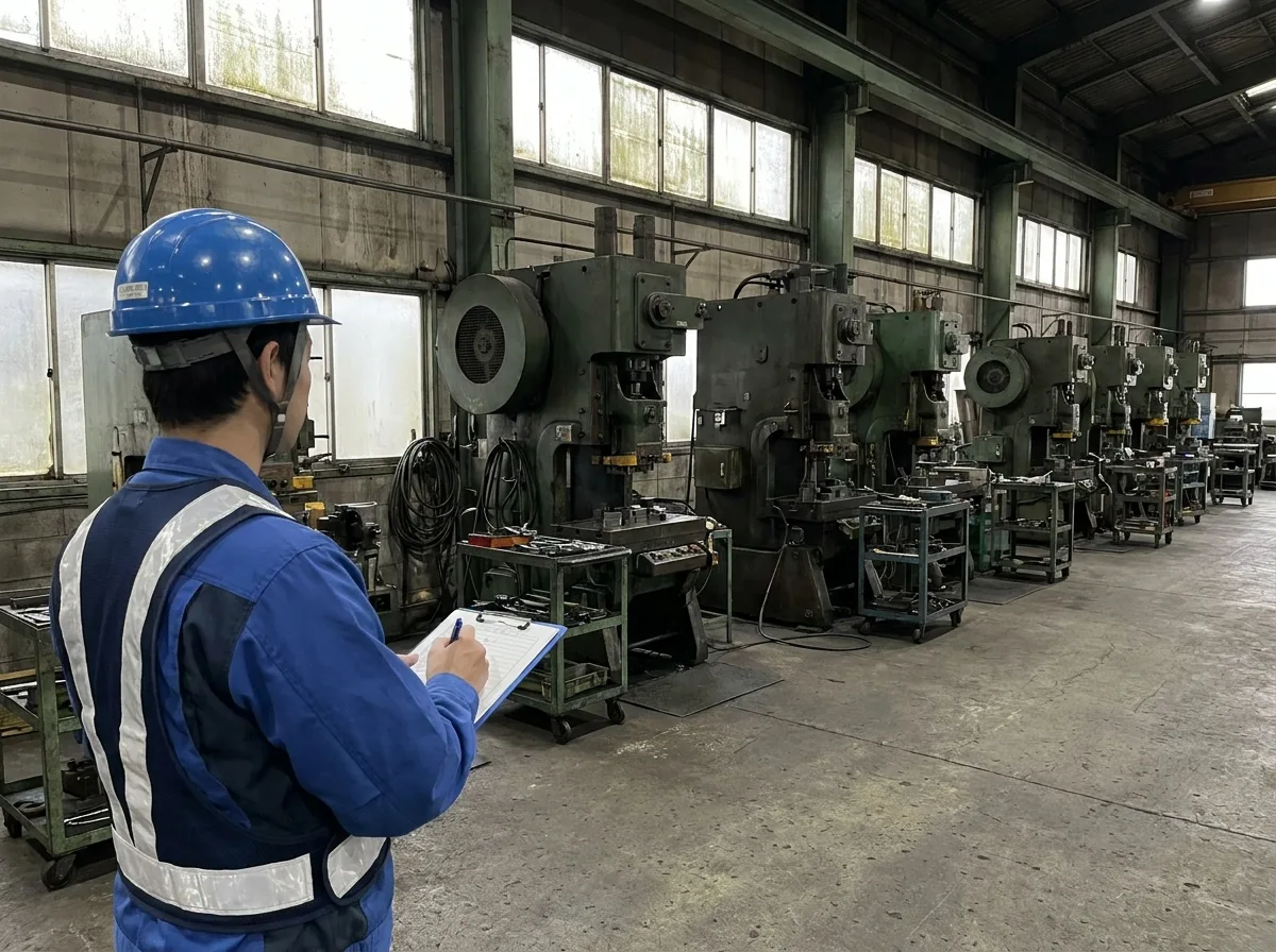 Technician holding clipboard viewing row of industrial machines in factory with daylight from high windows