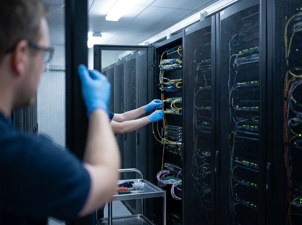 Technician inspecting network cables on server rack in data center