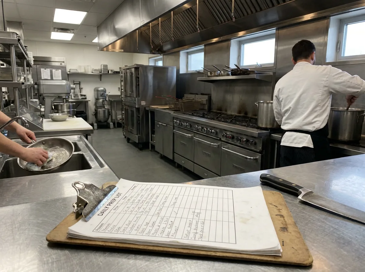 Stainless steel commercial kitchen with equipment rows and clipboard on counter