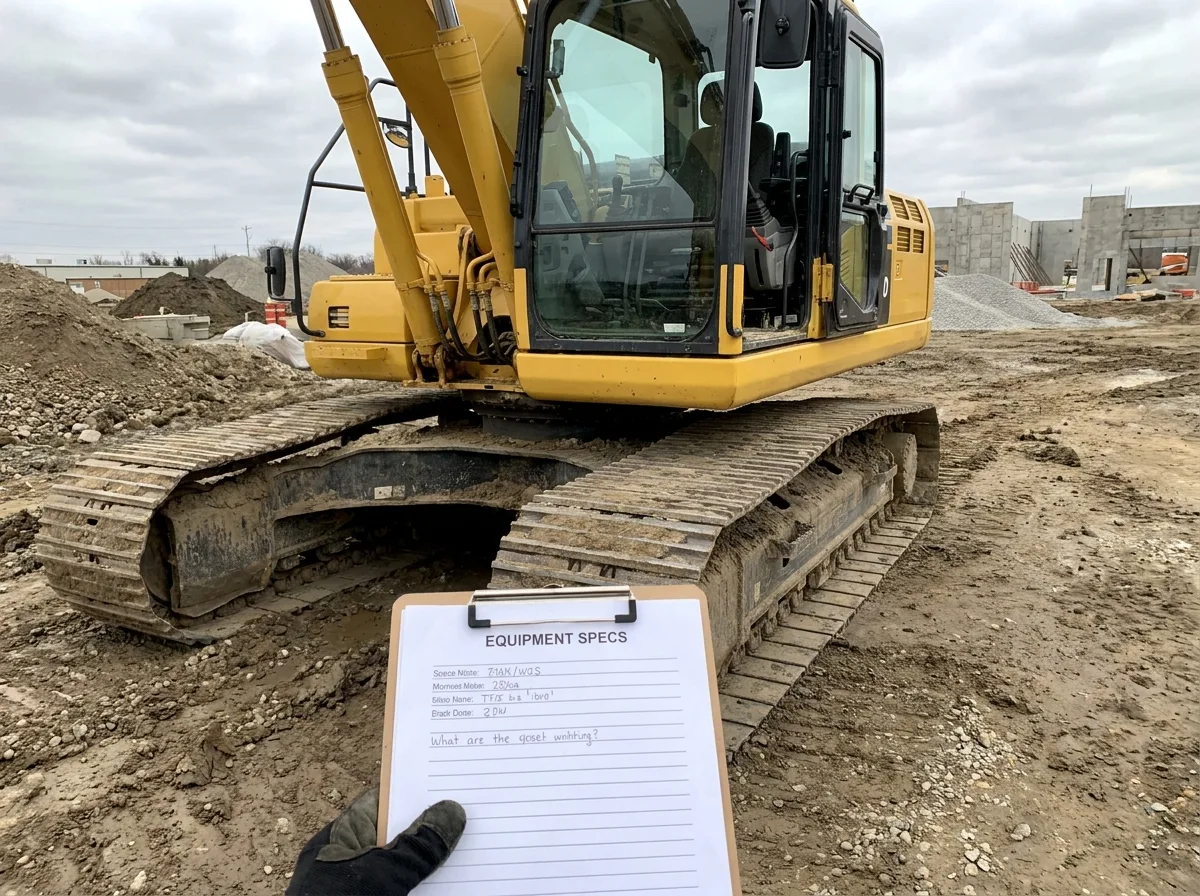 Yellow excavator with clipboard on treads at dirt construction site