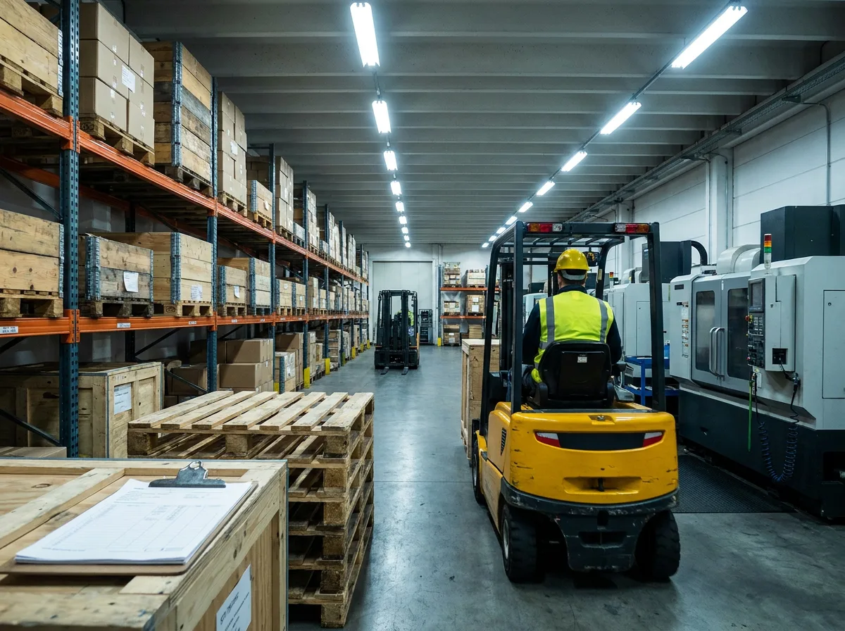 Warehouse aisle with forklifts, pallet racks, and clipboard on crate under overhead lights