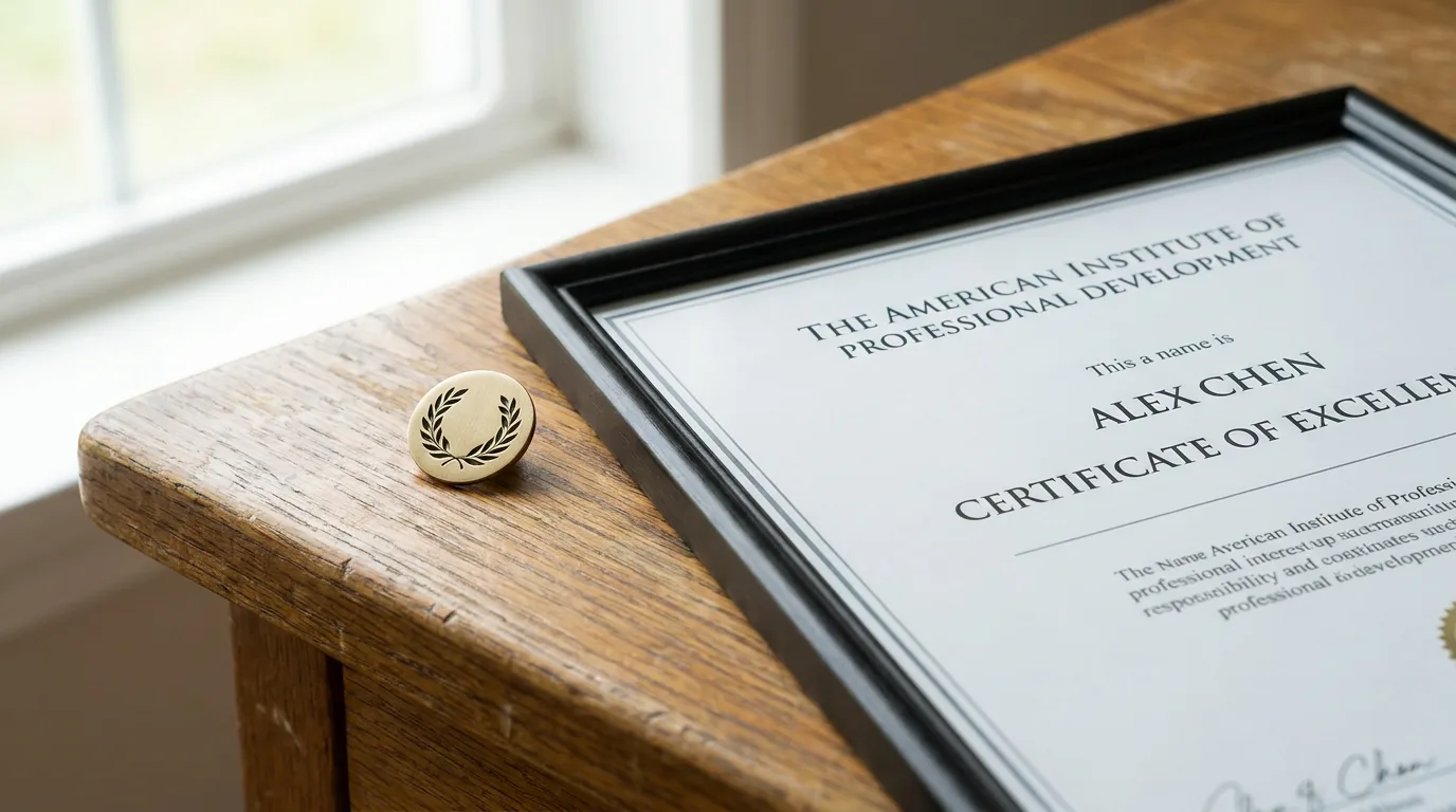 Framed professional certificate and gold lapel pin on wooden desk with soft lighting