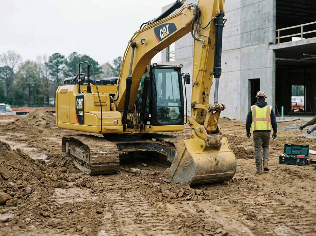 Yellow excavator parked on dirt construction site
