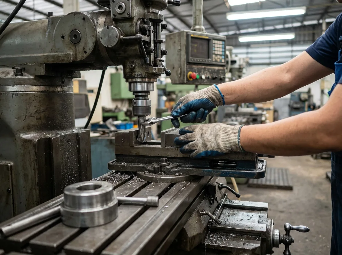 Technician's gloved hands adjusting controls on industrial CNC machine