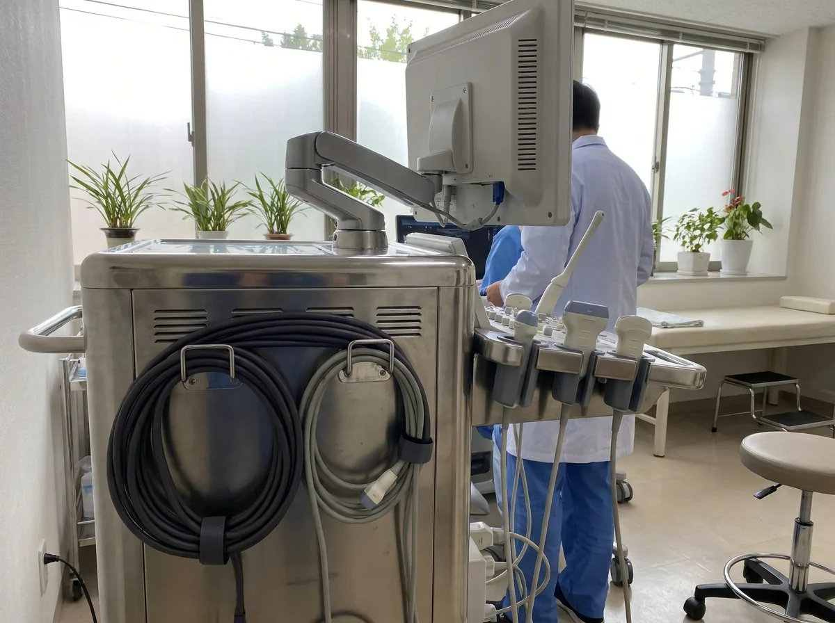 Stainless steel ultrasound machine with coiled cables in a clinical setting