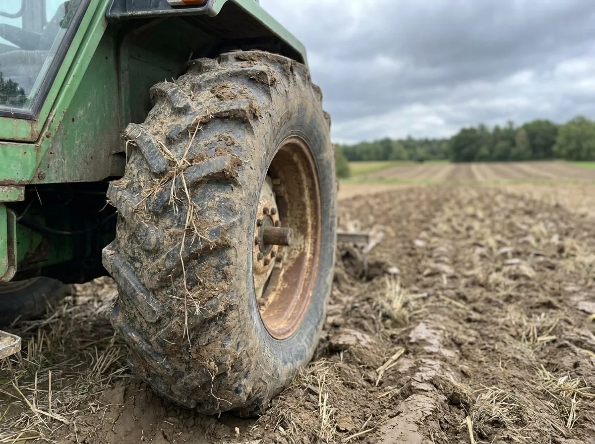 Weathered green tractor in farm field with close-up of large rear wheel and tire treads