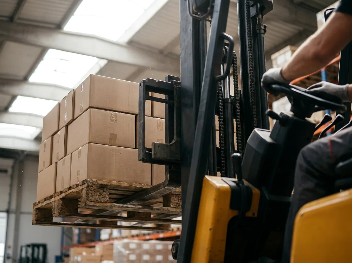 Forklift lifting wooden pallet with stacked boxes in warehouse under skylights
