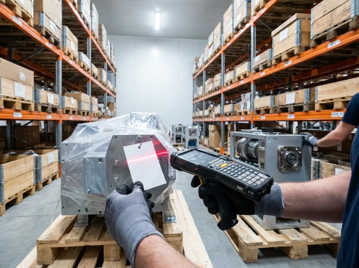 Person using handheld barcode scanner on tagged machinery in warehouse aisle