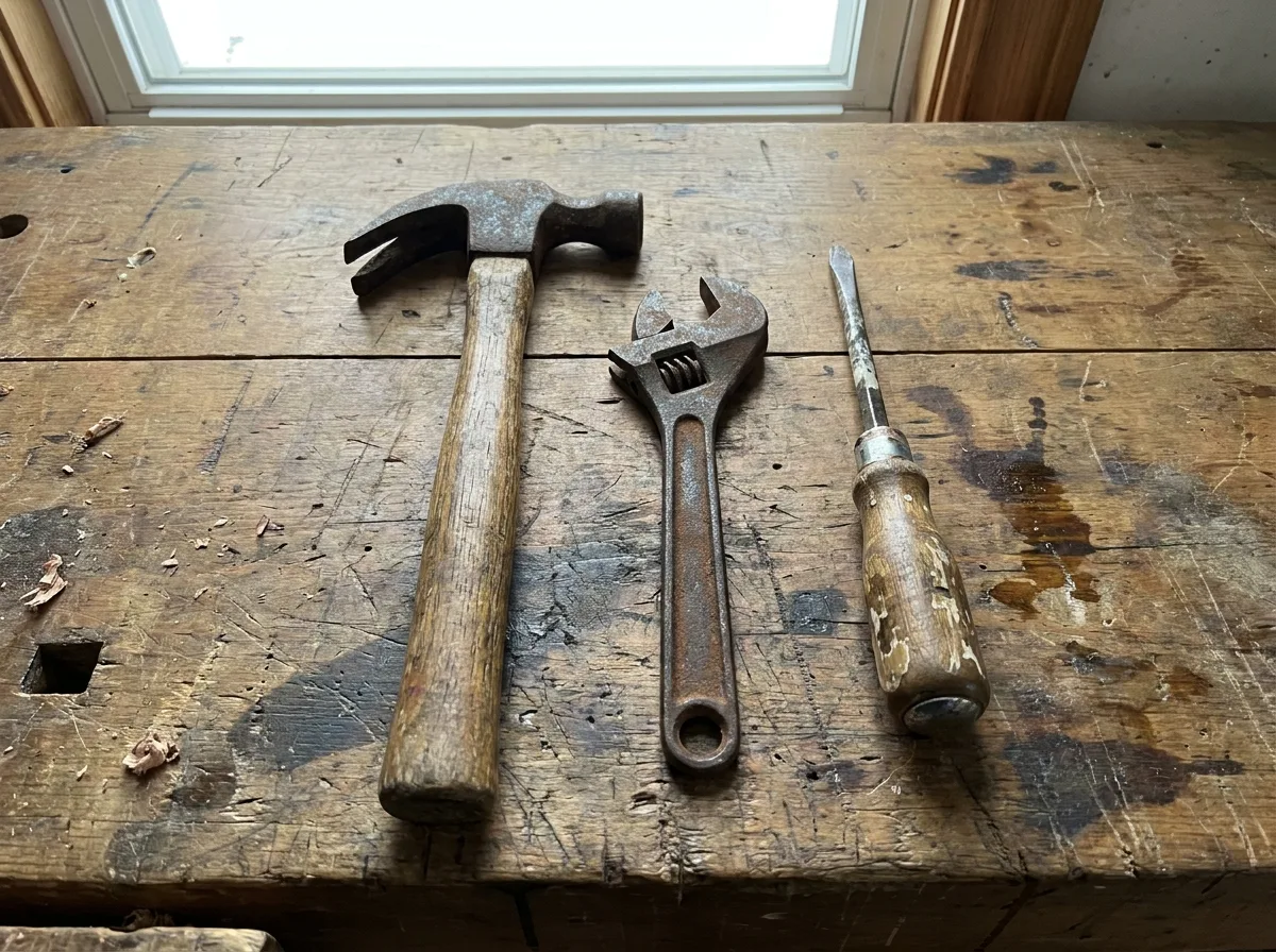 Weathered hammer, wrench, and screwdriver arranged on wooden workbench