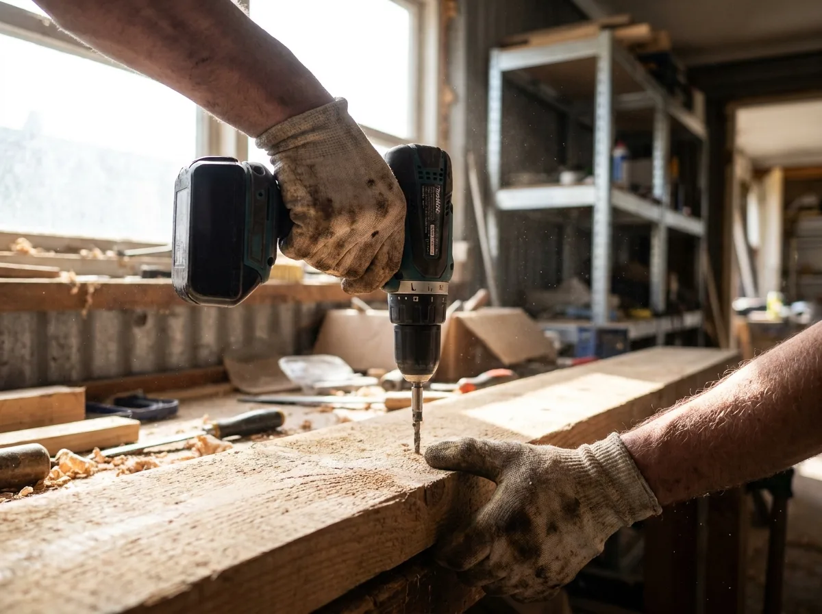 Weathered hands holding a cordless drill against raw wood in a workshop