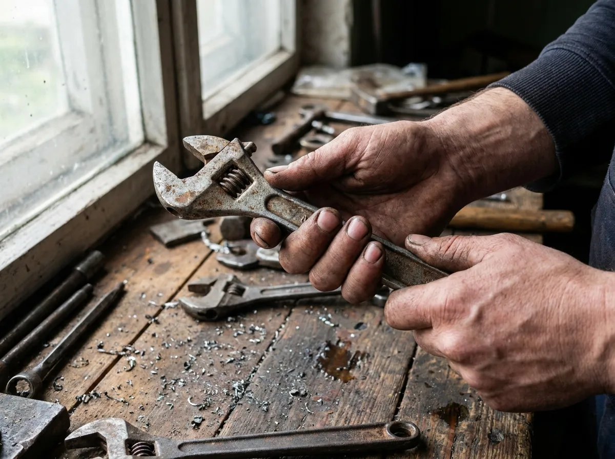 Weathered hands gripping a well-worn wrench on a workbench with soft daylight