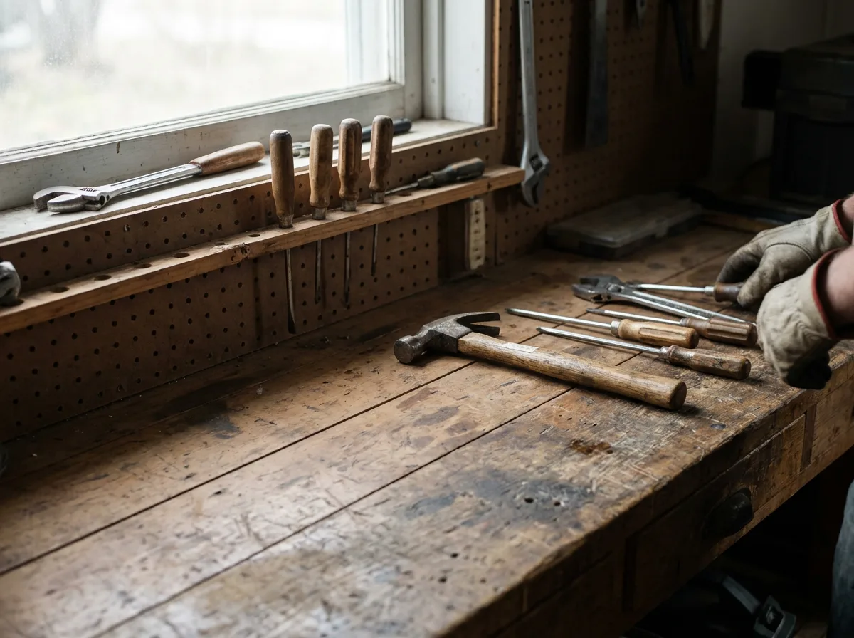 Weathered wooden workbench with hammer, screwdrivers, and wrench arranged under natural daylight