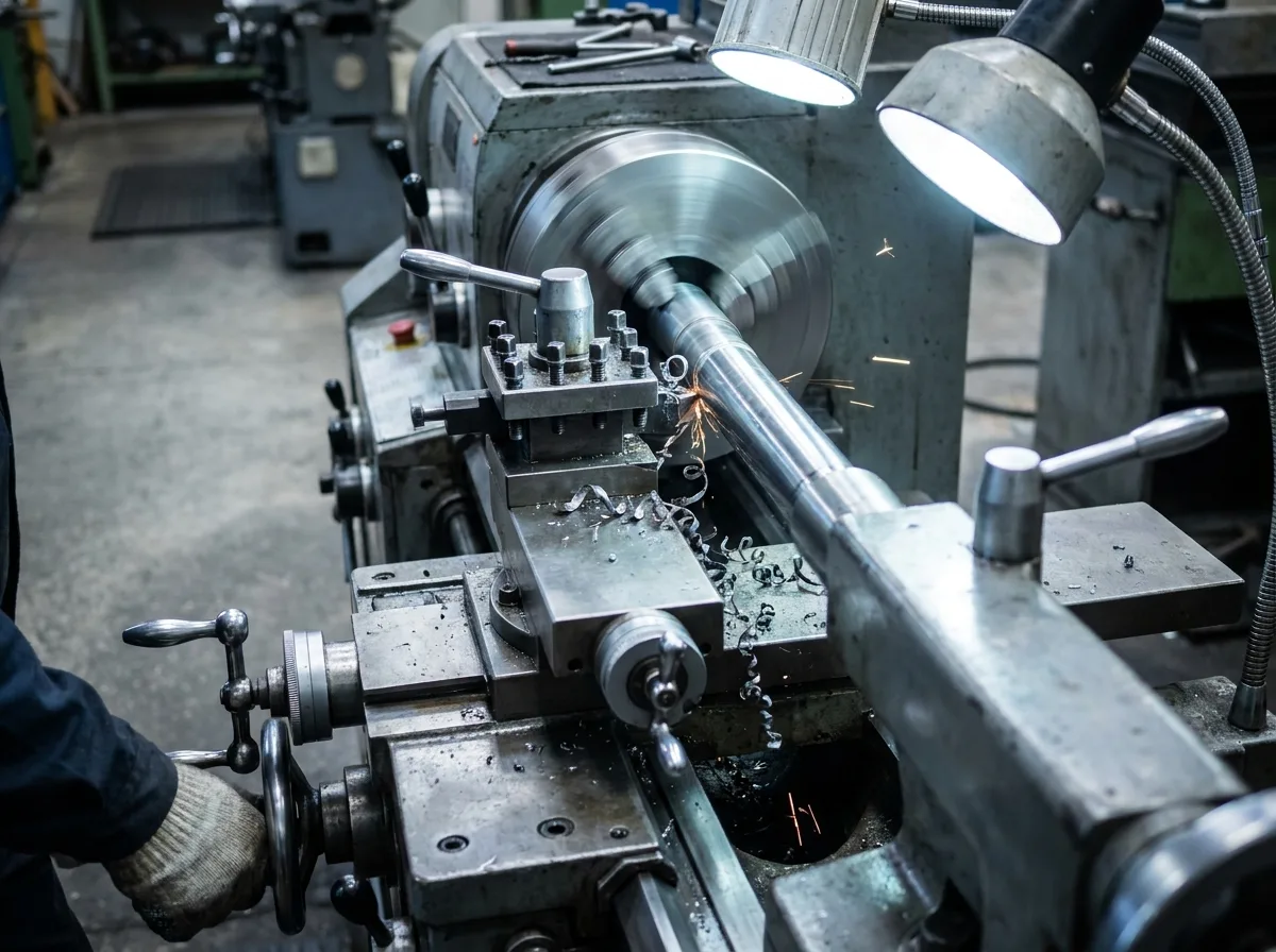 Metal lathe shaping steel rod with metal shavings curling away under shop lighting