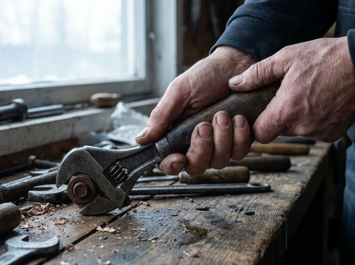 Weathered hands gripping wooden-handled wrench on workbench in daylight