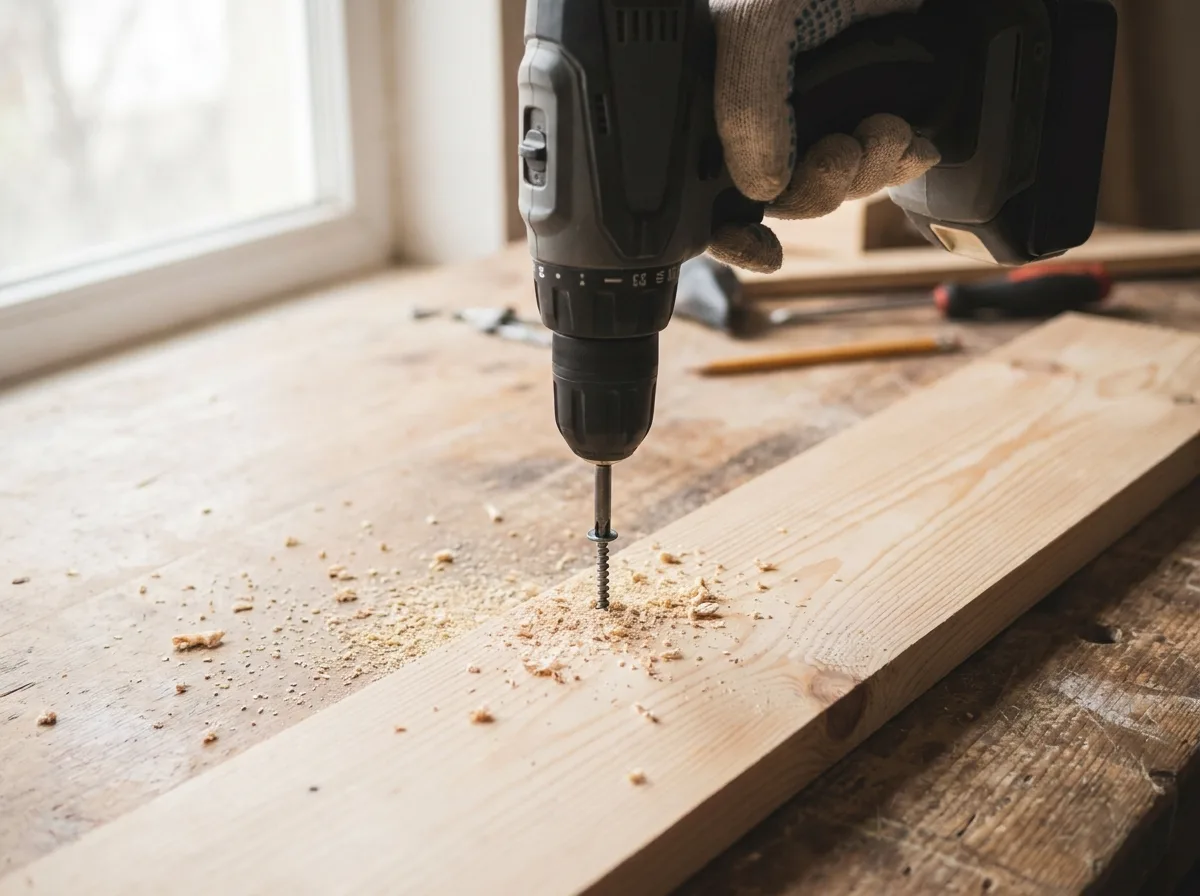 Hand operating cordless drill driving screw into wood with sawdust on workbench