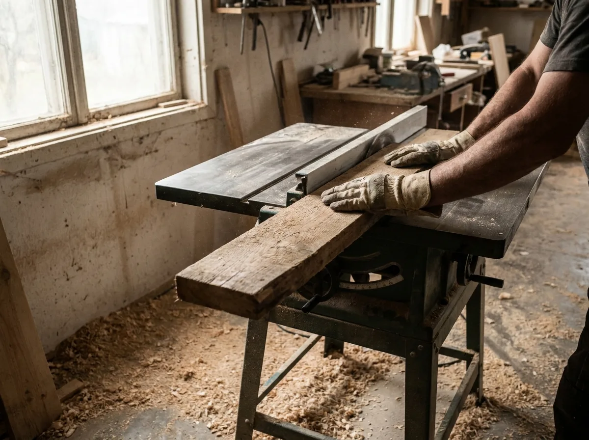 Woodworker's hands guiding a wooden plank through a table saw with wood shavings on workshop floor