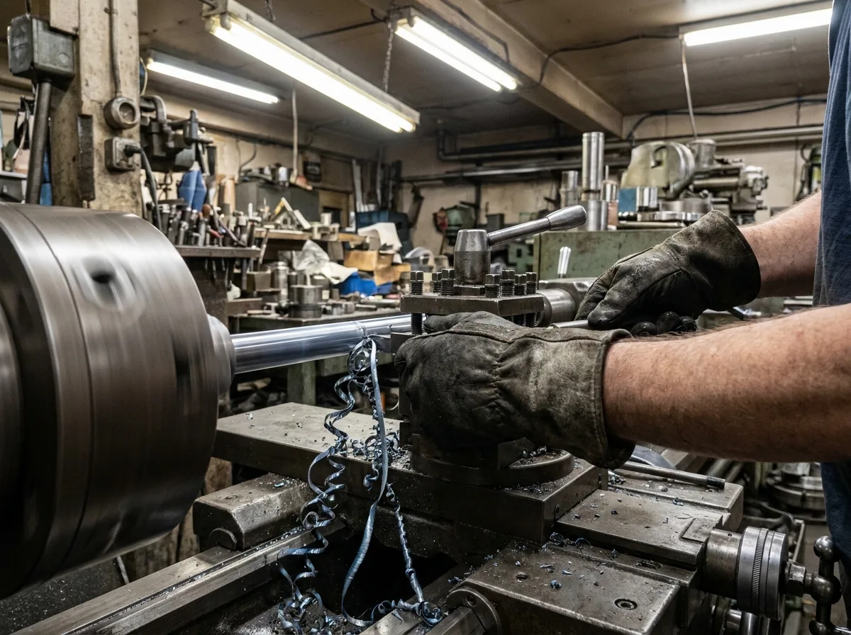 Worker's gloved hands operating a metal lathe with metal shavings curling from the spinning workpiece