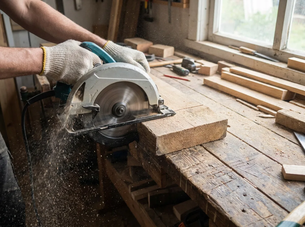 Hands guiding circular saw through wooden board, sawdust dispersing