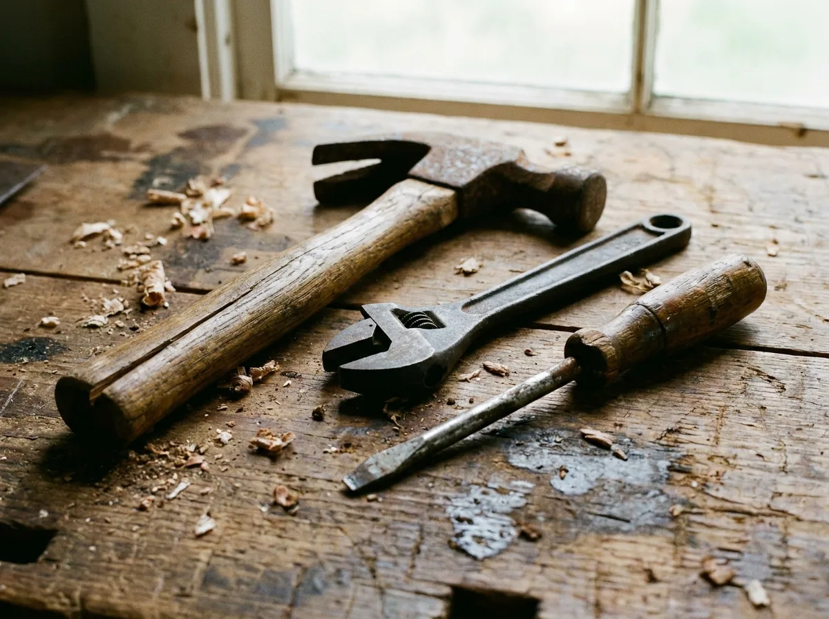 Hammer, wrench, and screwdriver on wooden workbench