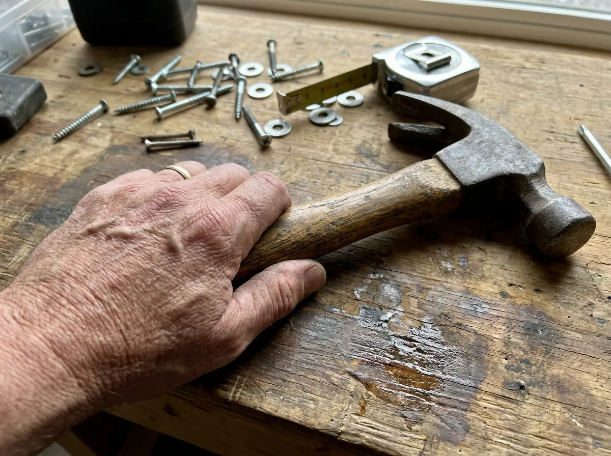 Weathered hand gripping wooden-handled hammer on workbench with screws and tape measure