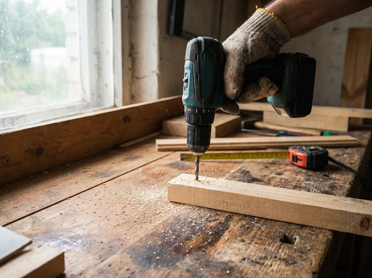 Hand gripping cordless drill on wooden workbench with sawdust