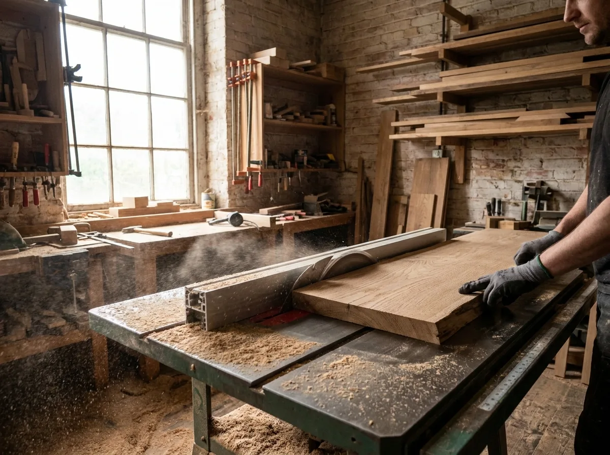 Table saw cutting through wooden plank with sawdust scattered on workshop surface near window