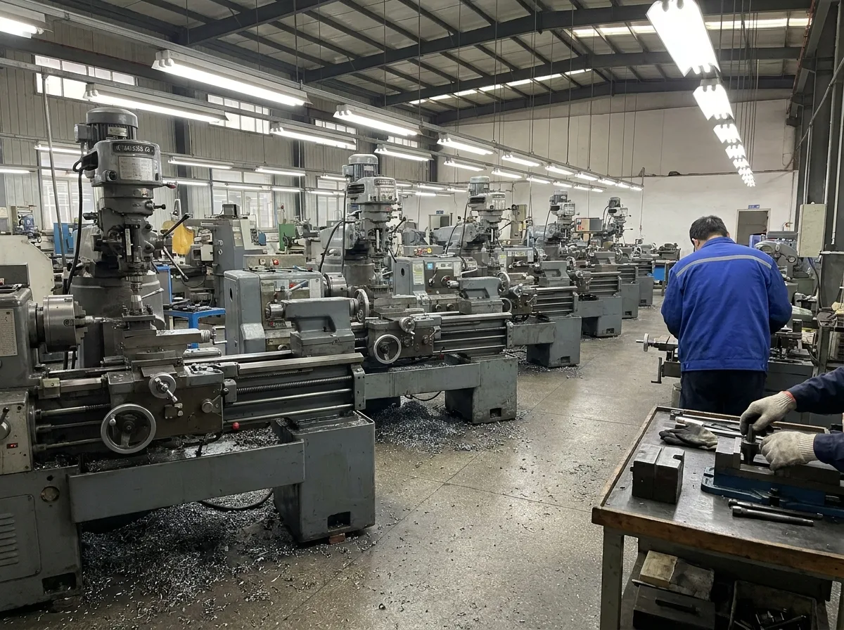 Row of industrial lathes and milling machines in a machine shop with metal shavings on the floor