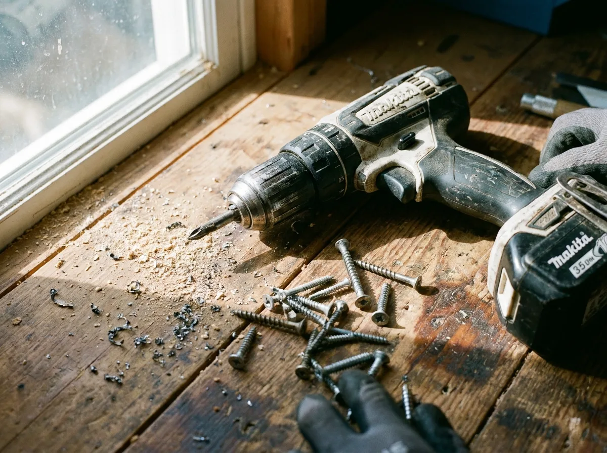 Cordless drill and scattered metal screws on wooden workbench near window