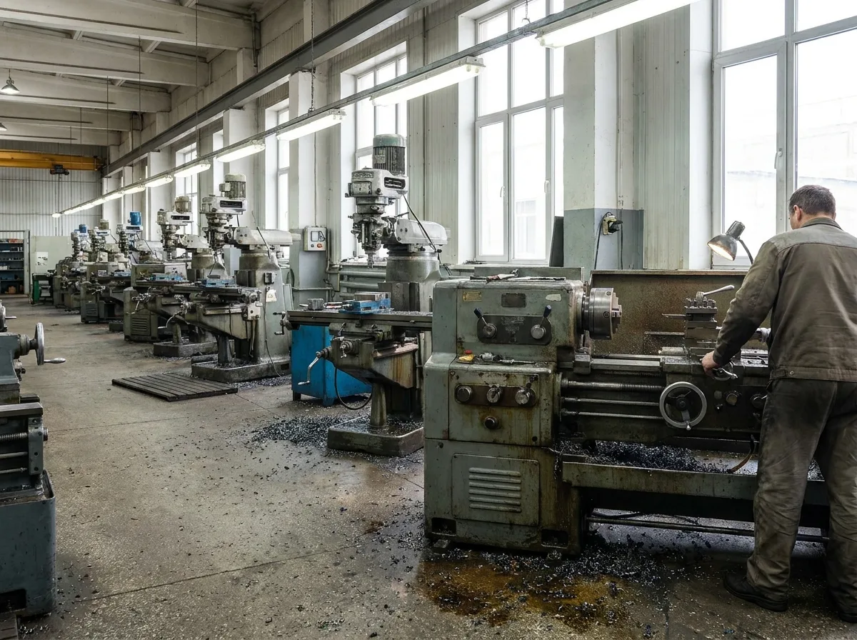 Industrial lathe and milling machines in a bright workshop with metal shavings on the floor