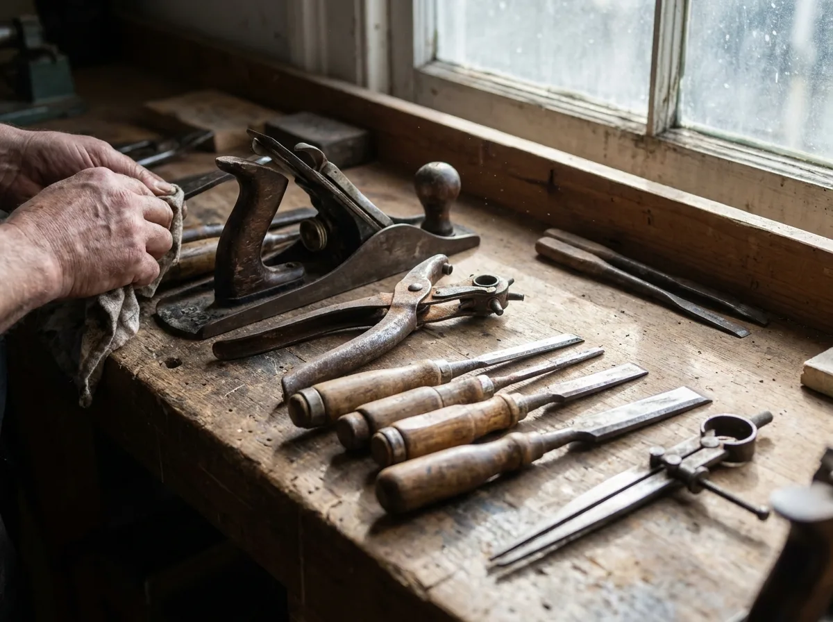 Weathered specialty trade tools arranged neatly on a workbench with natural daylight from workshop window