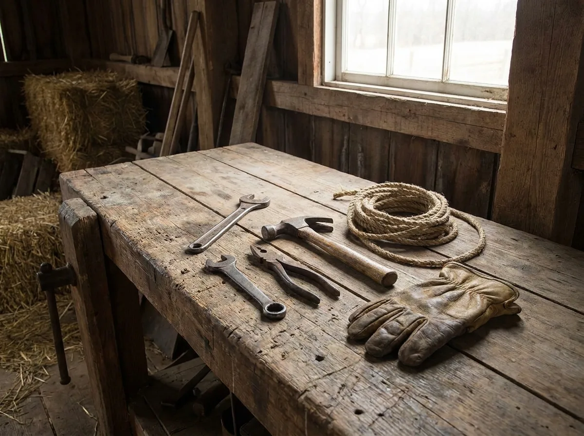 Weathered wooden workbench with hand tools, coiled rope, and leather glove in barn setting