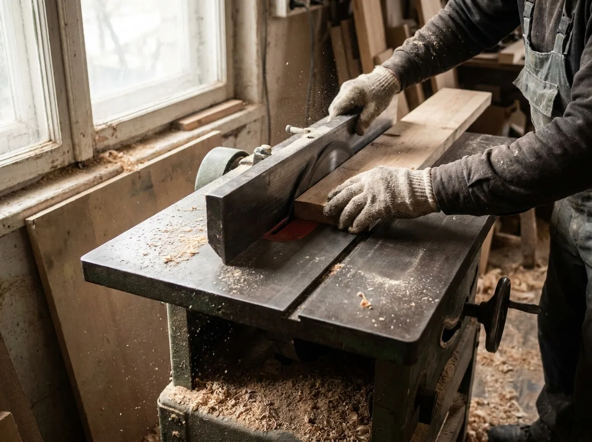 Worker's hands guiding wooden plank through table saw with sawdust on work surface