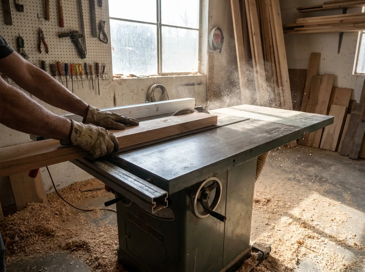 Woodworker's hands guiding a plank through a table saw with wood shavings on the floor