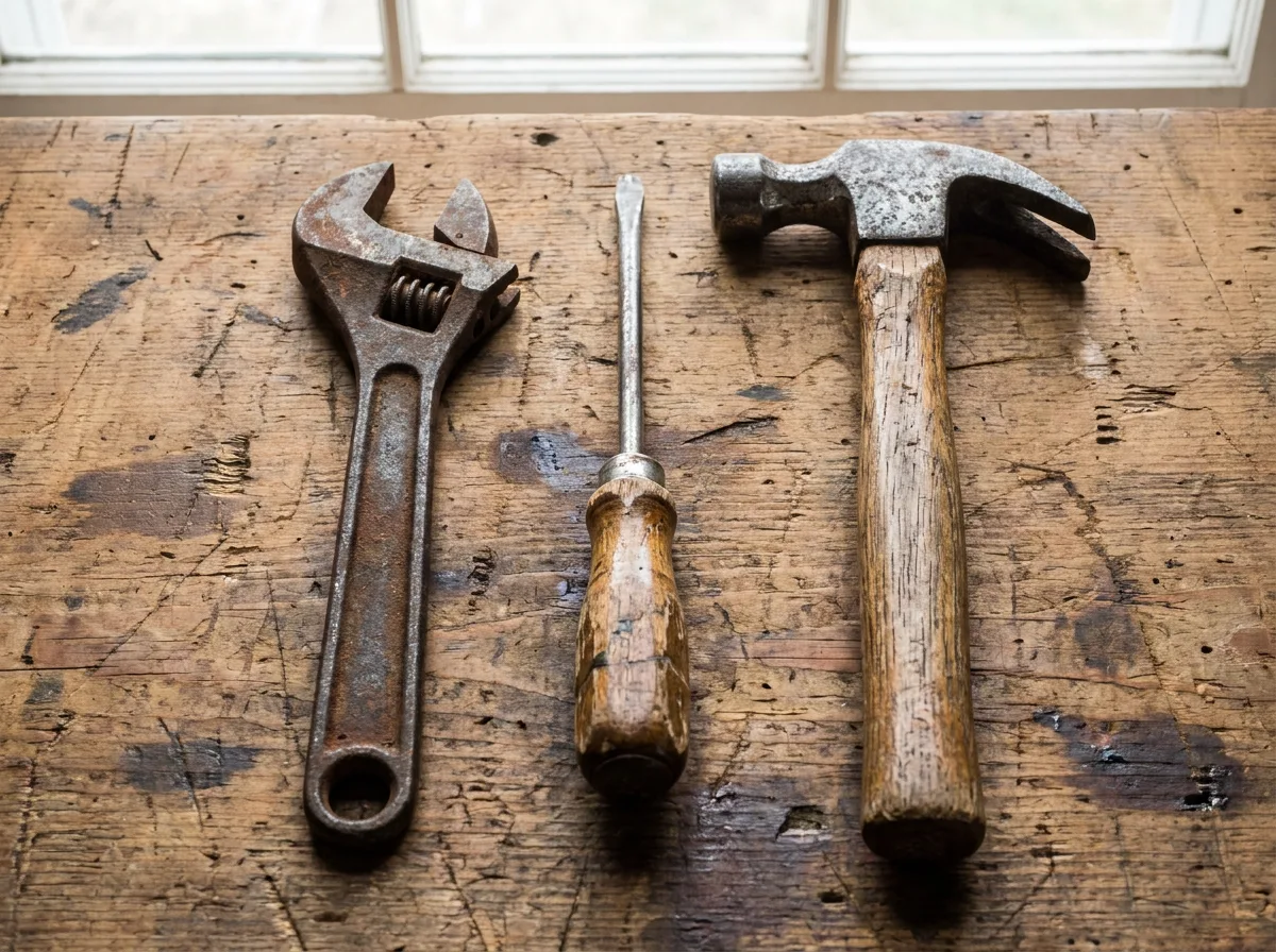 Weathered wrench, screwdriver, and hammer arranged on wooden workbench
