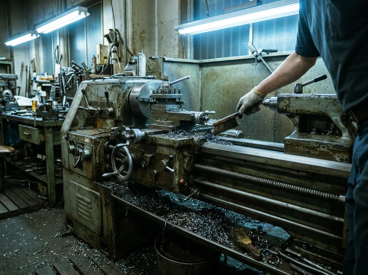 Weathered metal lathe with steel shavings scattered on bed under fluorescent workshop lighting
