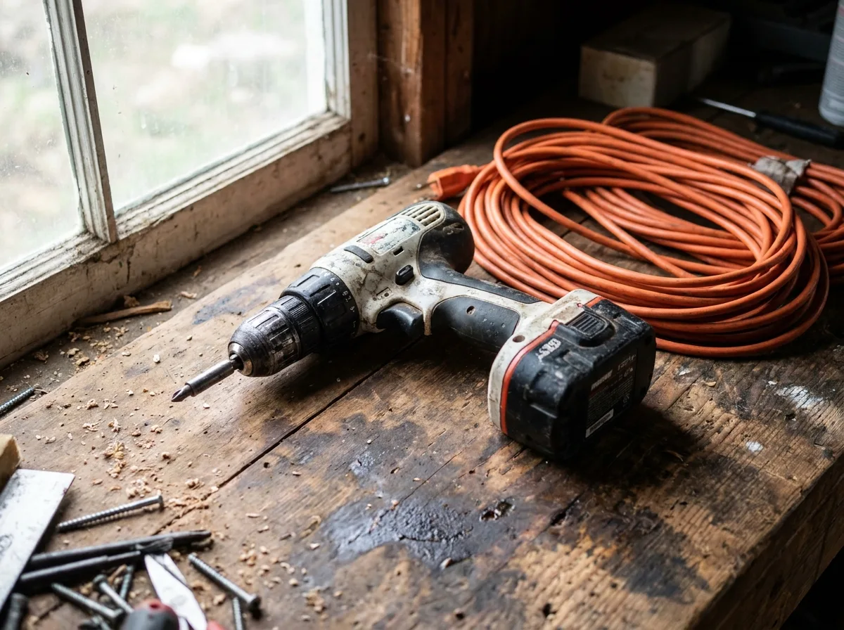 Worn cordless drill and coiled orange extension cords on wooden workbench