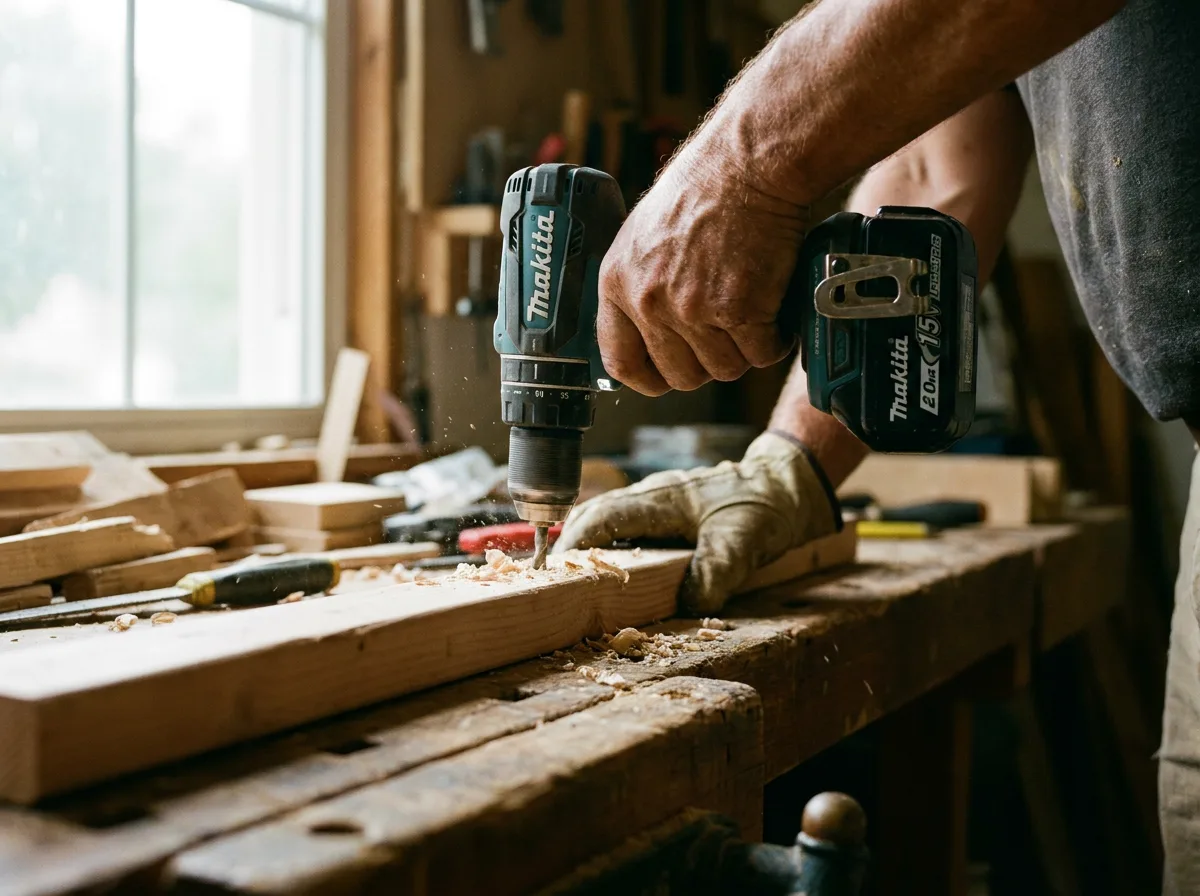 Hand gripping cordless drill on wooden workbench with natural daylight