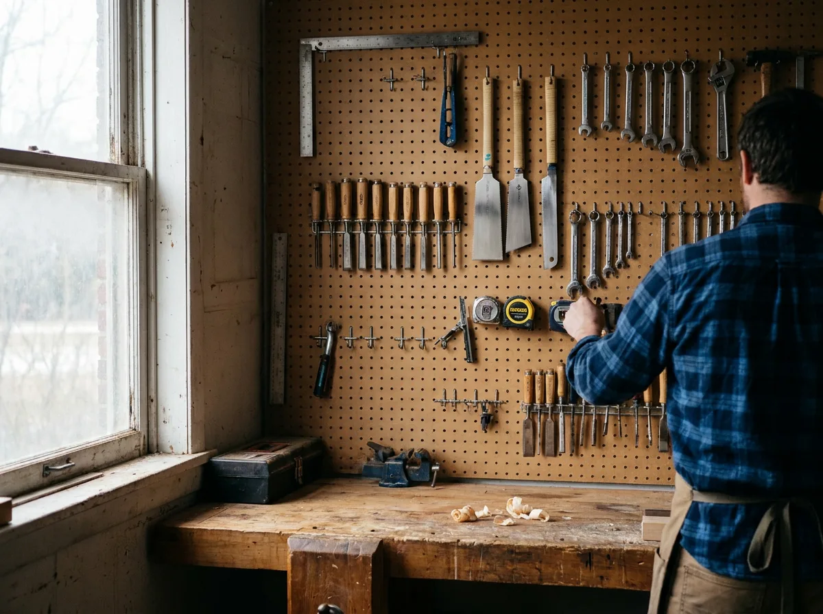Pegboard wall displaying organized specialty hand tools with workshop bench and natural window light